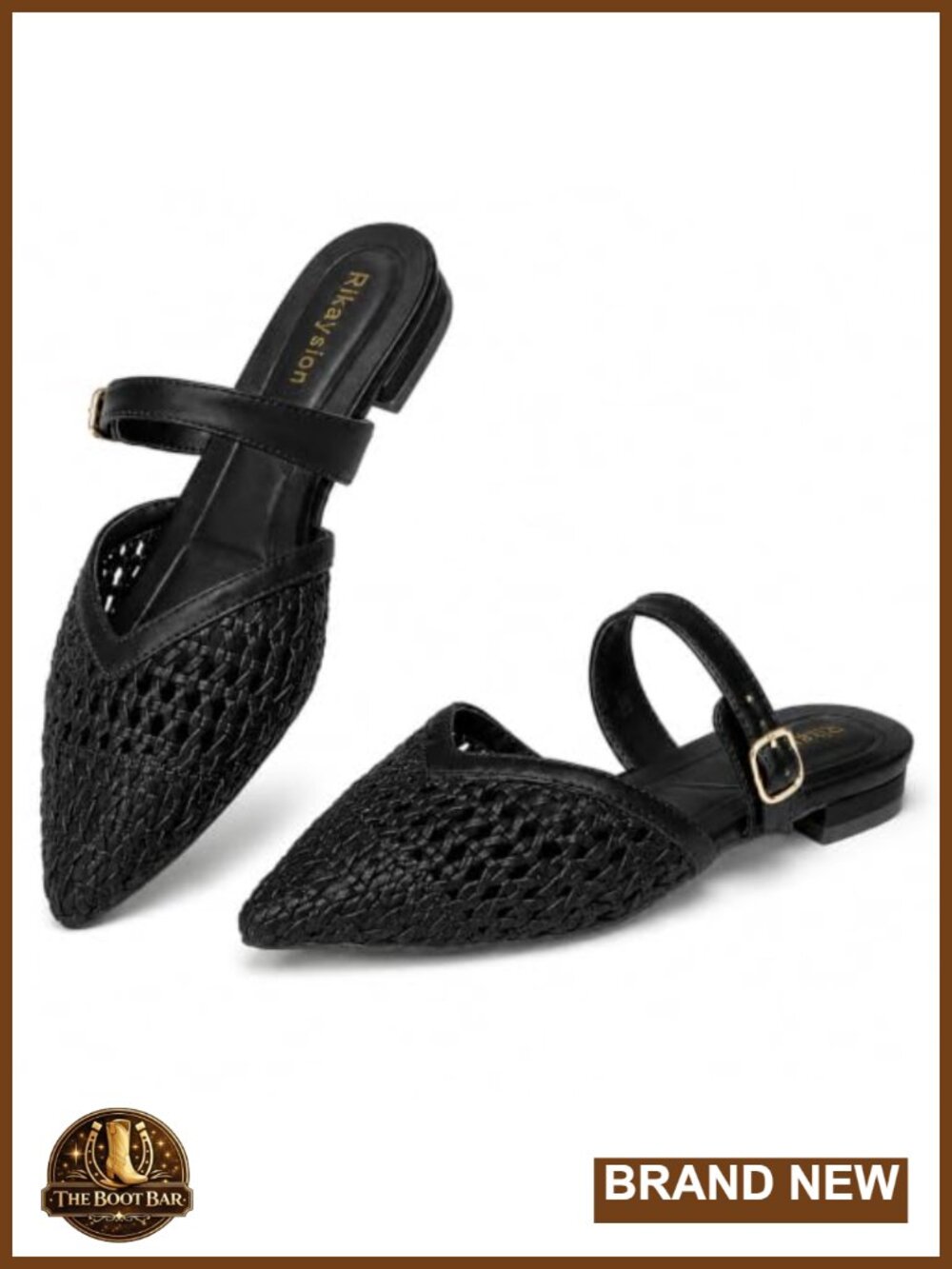 Woven Pointed Toe Mule Flats Adjustable Strap Slip-On Casual Work Shoes